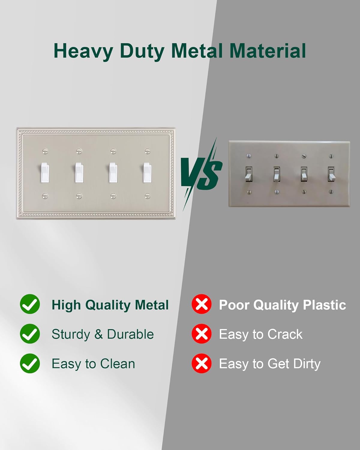 2-Pack Quad Toggle Light Switch Cover Plate, 4 Gang Metal Switch Plate Covers, Brushed Nickel Pearls Decorative Wall Plate, Corrosion Resistant