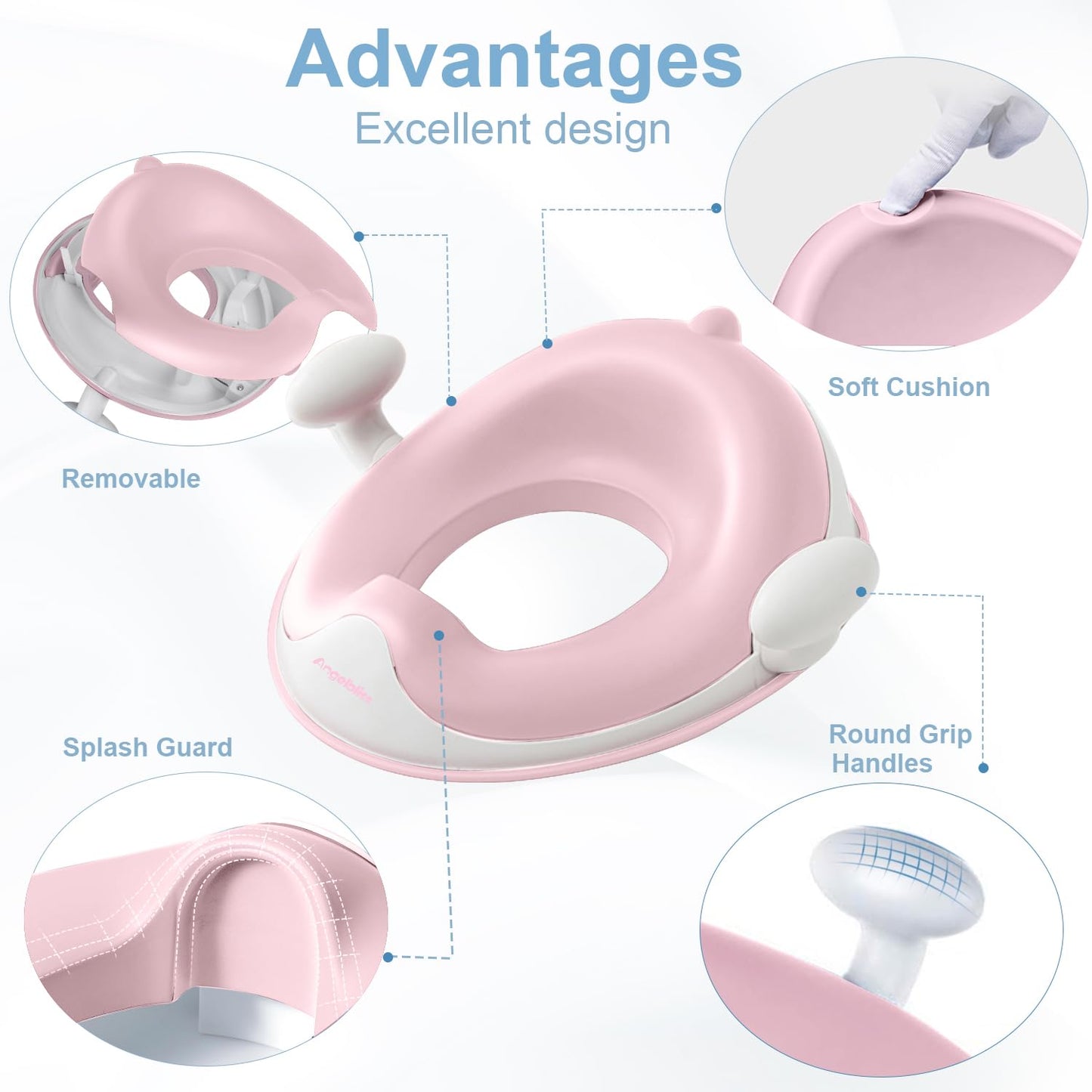 ANGELBLISS Baby Potty Training Toilet Seat with Soft Cushion Handles, Haute Collection, Double Anti-Slip Design and Splash Guard for Boys and Girls (Pink)