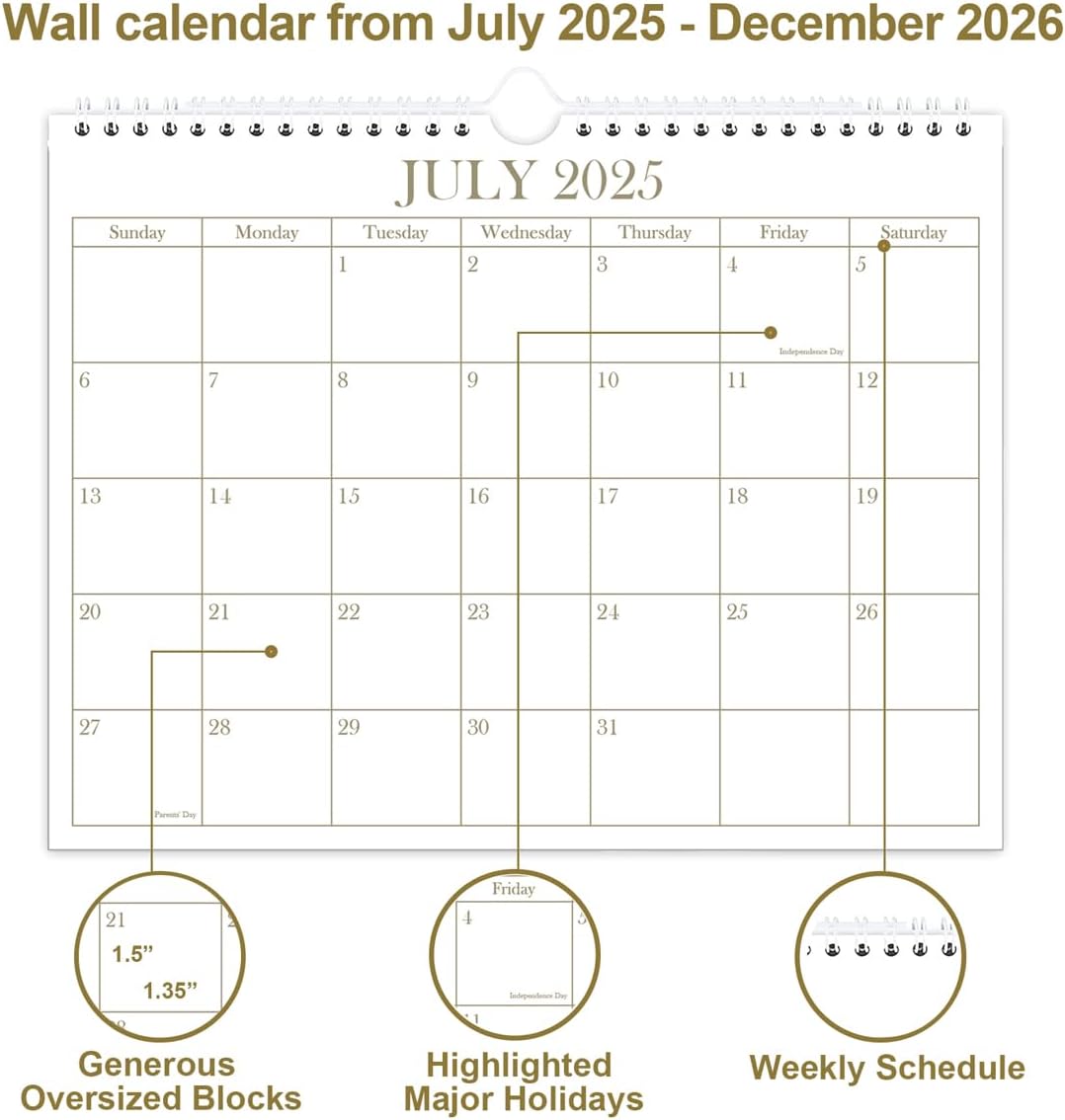 Calendar 2025-2026 - Wall Calendar from July 2025 - December 2026, 18 Months Calendar with Premium Paper, Twin-Wire Binding & Hanging Hook, 8.5" x 11", Golden