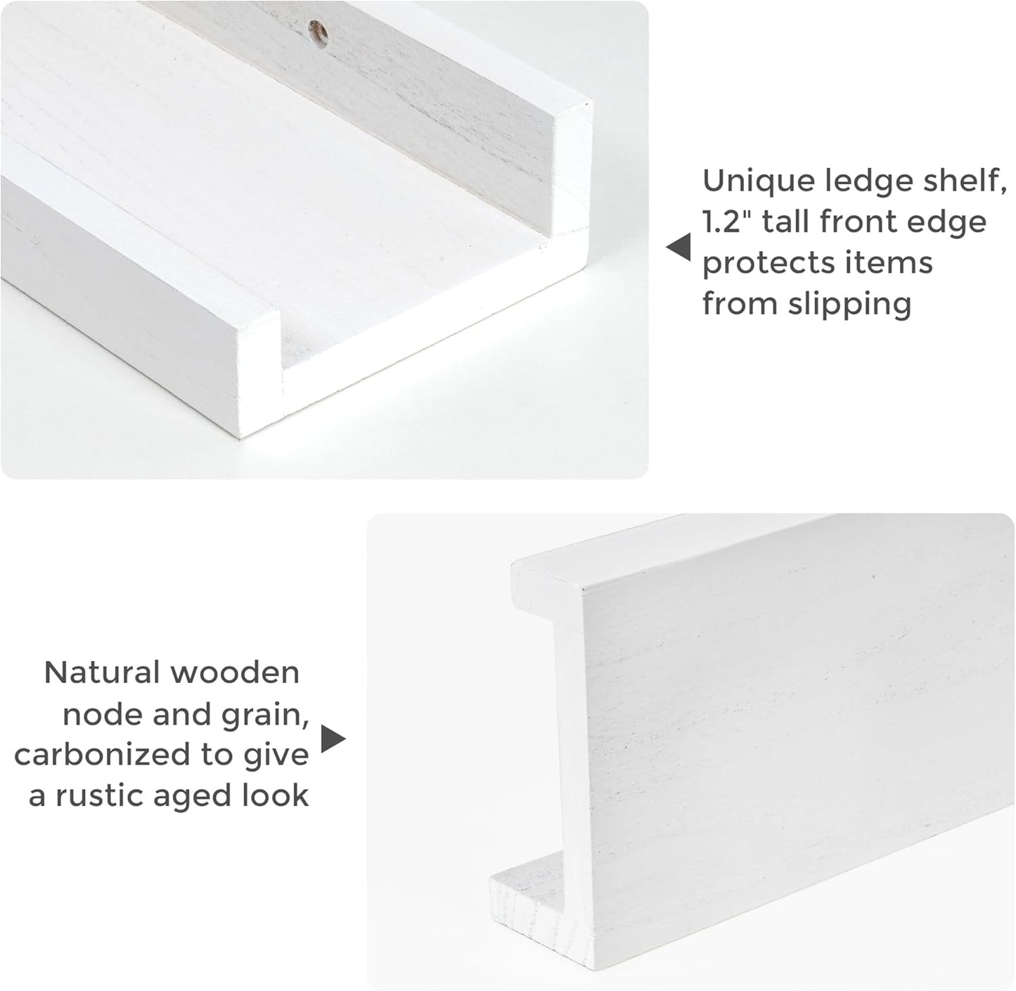 White Long Picture Shelves for Wall with Ledge, Solid Wood Floating Shelves with Lip, Wall Mounted Storage Shelves for Kitchen, Living Room, Bedroom, 48 Inch Long, Set of 2