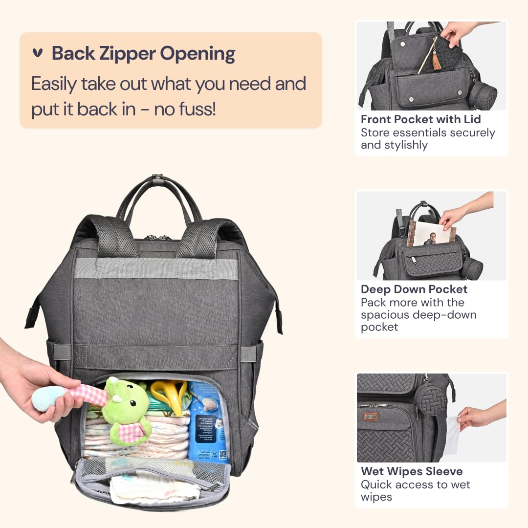 BabbleRoo Diaper Bag Backpack, Multifunction Large Bags with Changing Pad & Stroller Straps & Pacifier Case, Unisex Stylish Travel Back Pack Nappy Changing Bag for Moms Dads (Dark Gray)