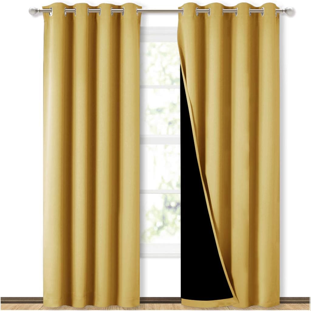 NICETOWN 100% Blackout Window Curtain Panels, Heat and Cold Blocking Drapes with Black Liner for Nursery, 84 inches Drop Thermal Insulated Draperies (Yellow, 2 Pieces, 52 inches Wide Each Panel)