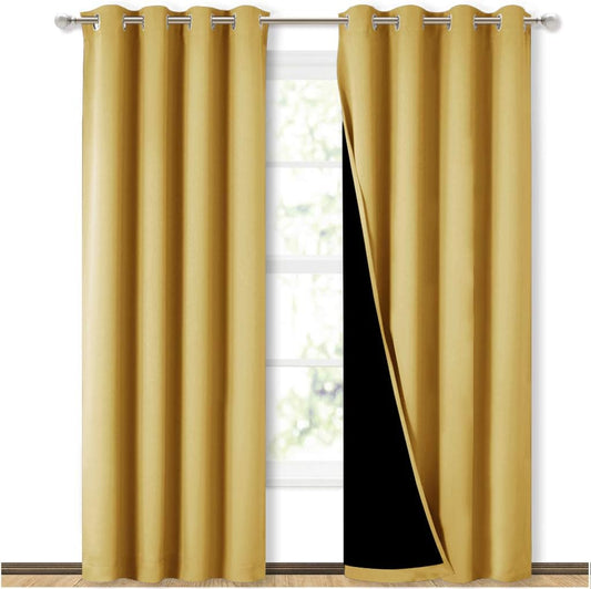 NICETOWN 100% Blackout Window Curtain Panels, Heat and Cold Blocking Drapes with Black Liner for Nursery, 84 inches Drop Thermal Insulated Draperies (Yellow, 2 Pieces, 52 inches Wide Each Panel)