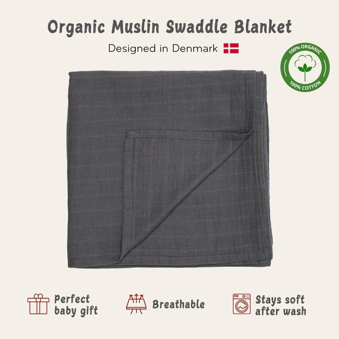 Swaddle - 100% Organic Cotton - Muslin Swaddle Blankets for Newborn, 47" x 47" (Soft Grey)
