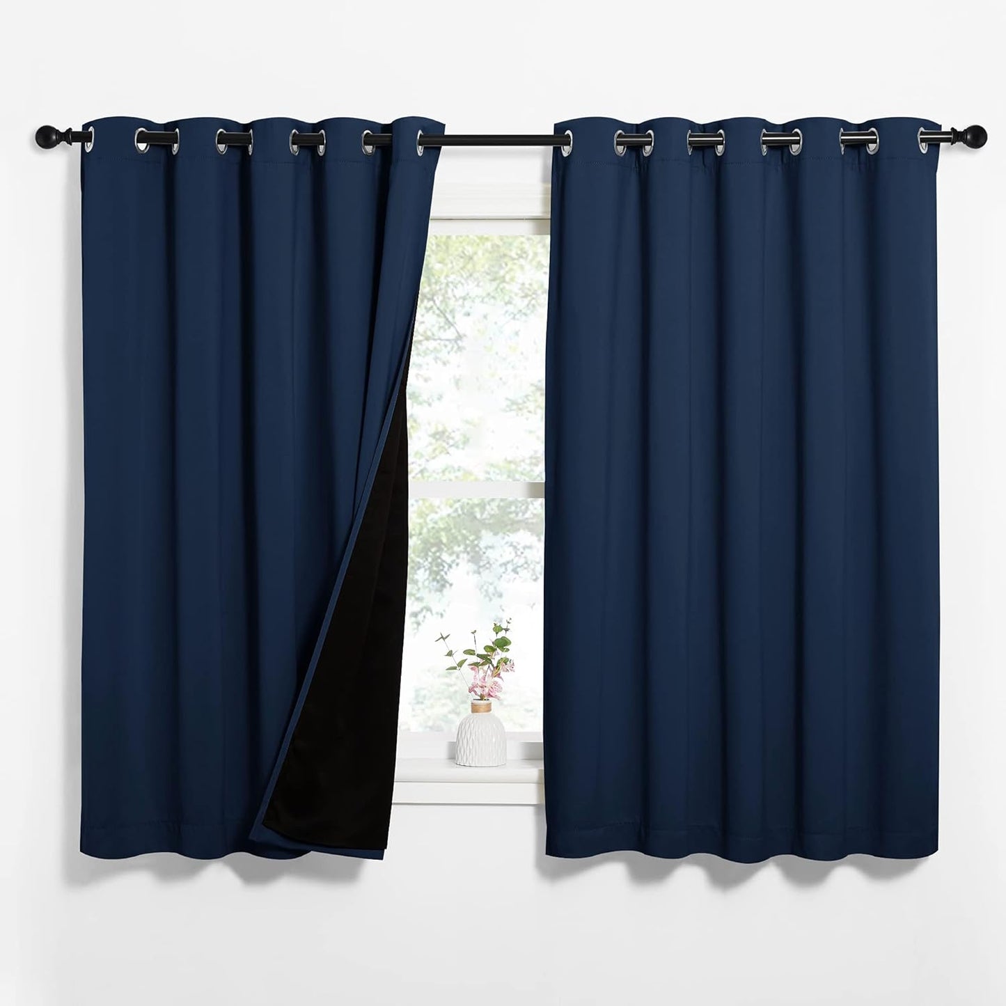 NICETOWN 100% Blackout Curtain Panels, Thermal Insulated Black Liner Curtains for Nursery Room, Noise Reducing and Cold Blocking Drapes for Windows (Navy Blue, Set of 2, 62-inch Wide by 63-inch Long)