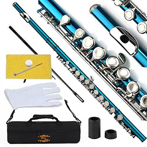 Glory Closed Hole C Flute With Case, Tuning Rod and Cloth, Gloves,Sea Blue