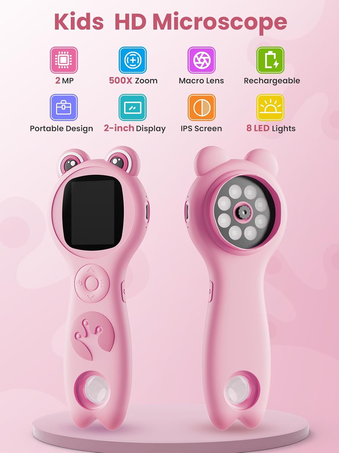 Microscope for Kids, 2 Inch Digital Microscope with 500X Magnifying Glass, 4× Zoom Handheld Camera Mini Pocket Magnification, Educational Science Toys for Ages 3+, Pink