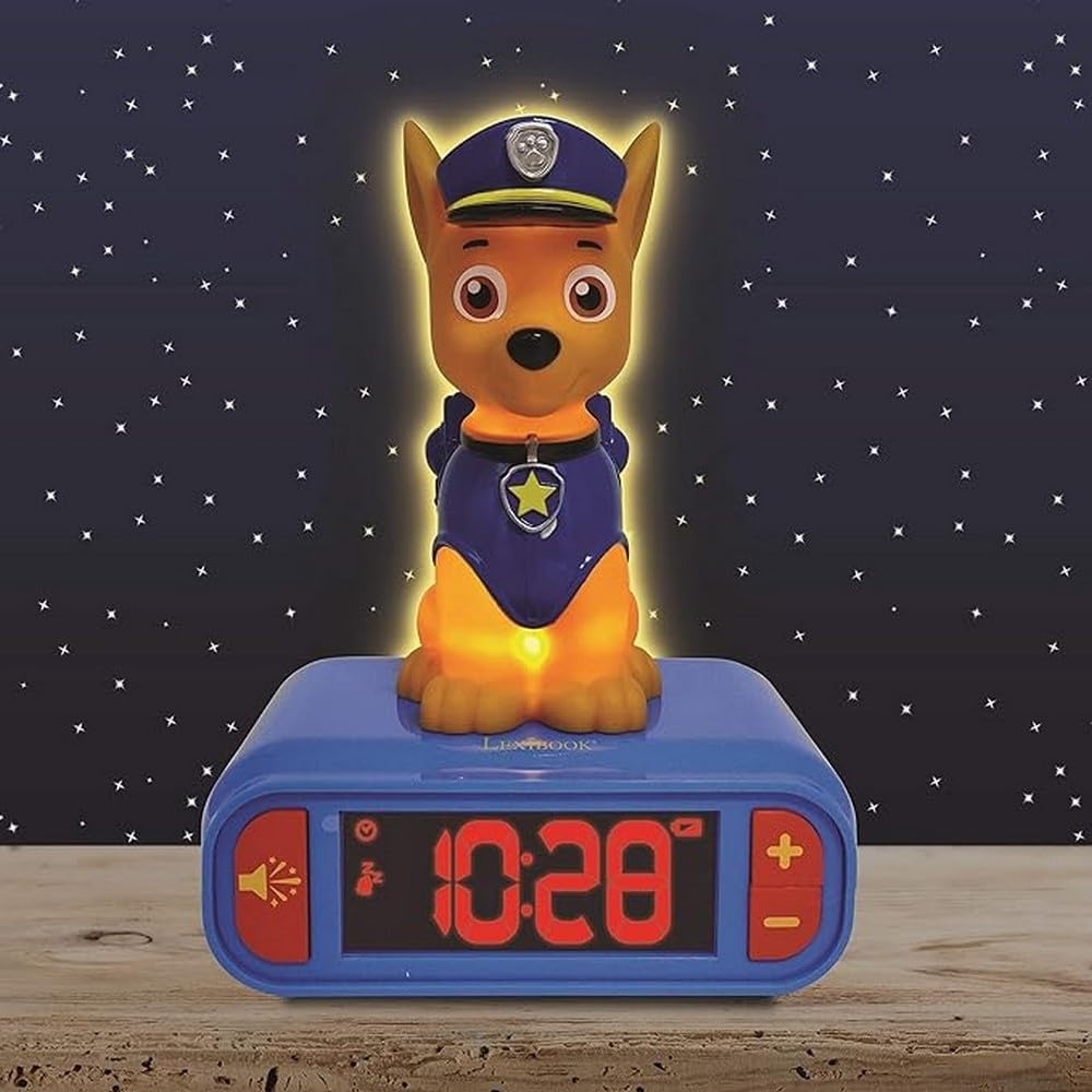 LEXiBOOK - Paw Patrol Chase Digital Alarm Clock with Night Light - Snooze Function - Dog Sound Effects - for Children/Kids - Luminous Clock with Chase, Blue/Red - RL800PA