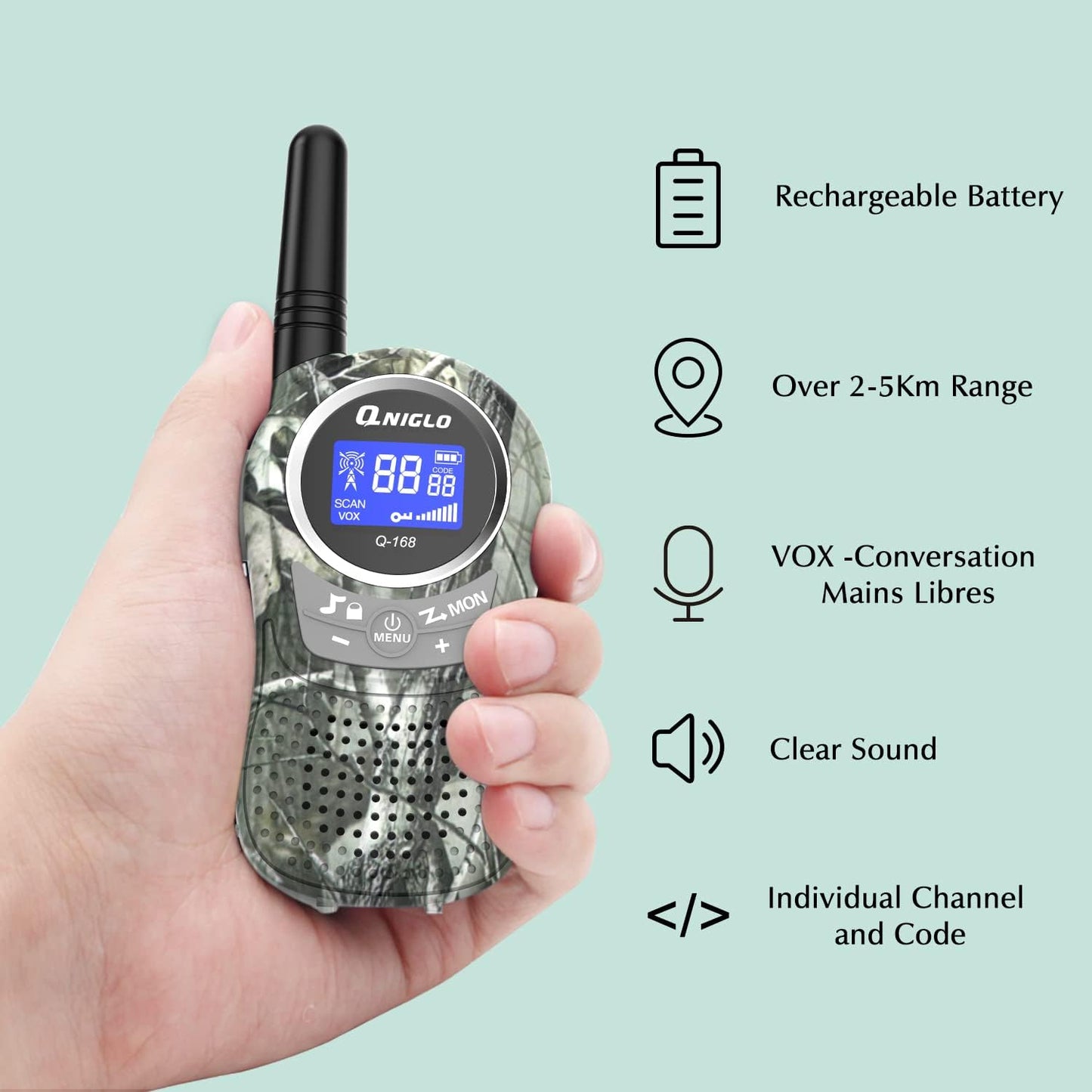 QNIGLO Camping Walkie Talkies for Kids Rechargeable, Camo Kids Walkie Talkies for Boys Girls fit Outdoor Adventure Game Spy Gear Hiking, Army Police Toys for 3 4 5 6-12 Year Old