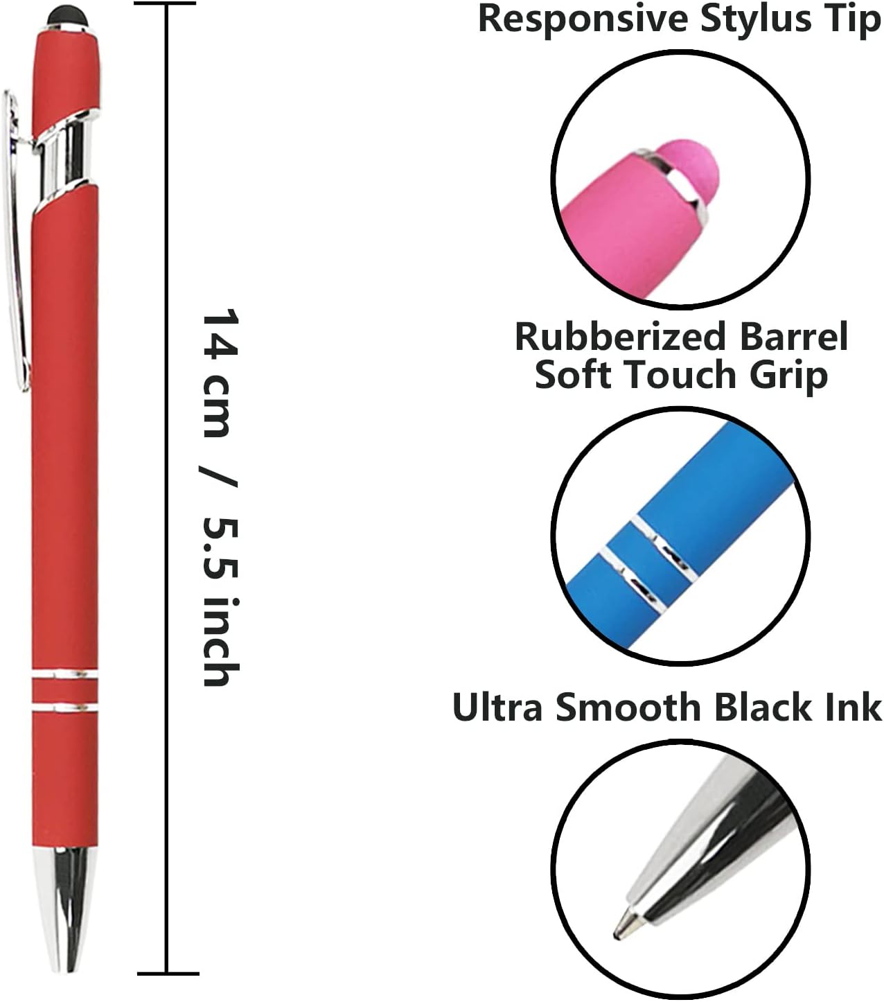 Ballpoint Pen with Stylus Tip, Soft Touch Click Metal Pen, 1.0mm Medium Point, Black Ink, 12 Count(Red)