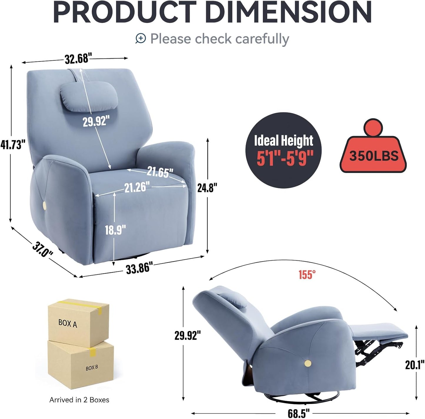 Glider Rocking Chair Nursery, Swivel Rocker, Power Recliner Chair, Nursery Glider Recliner with Adjustable Headrest, USB Ports, Living Room Chairs, Fabric (Fabric Blue, Adjustable Headrest)