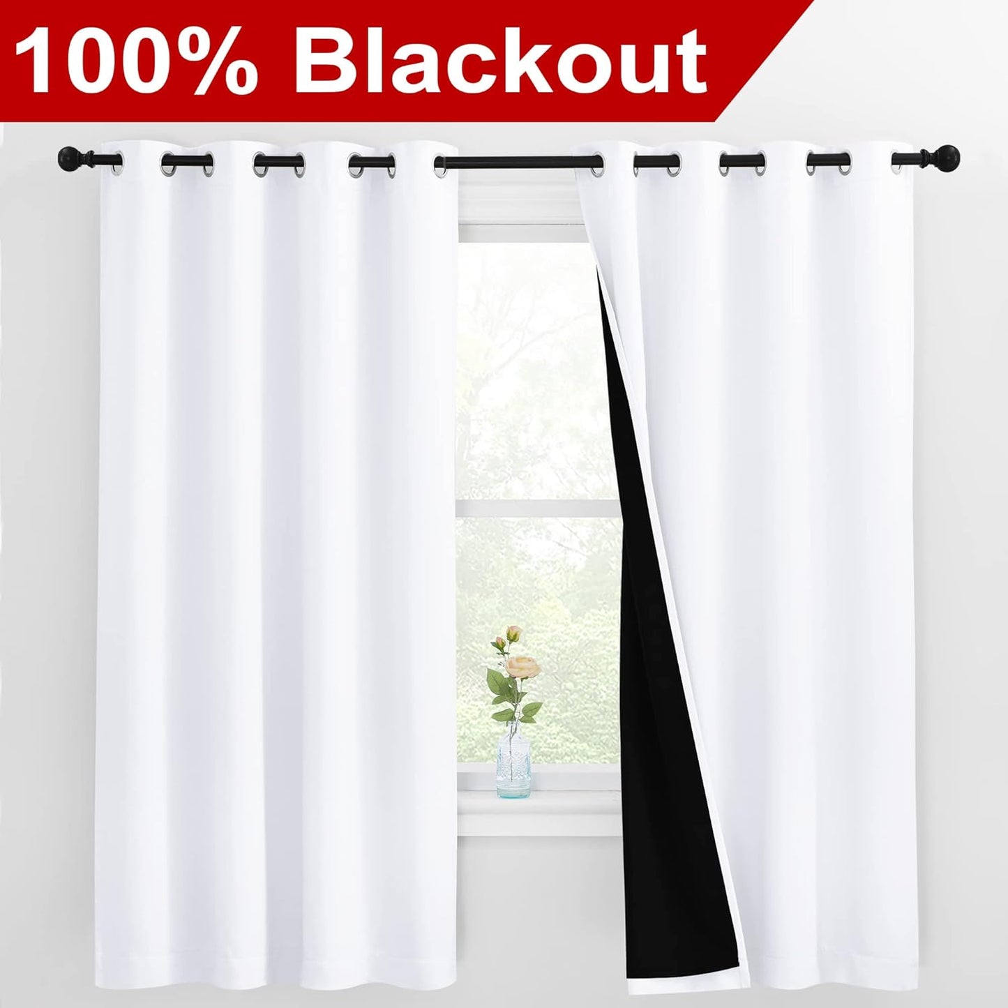 NICETOWN White 100% Blackout Lined Curtains, 2 Thick Layers Completely Blackout Window Treatment Thermal Insulated Drapes for Kitchen/Bedroom (1 Pair, 55 inches Width x 68 inches Length Each Panel)