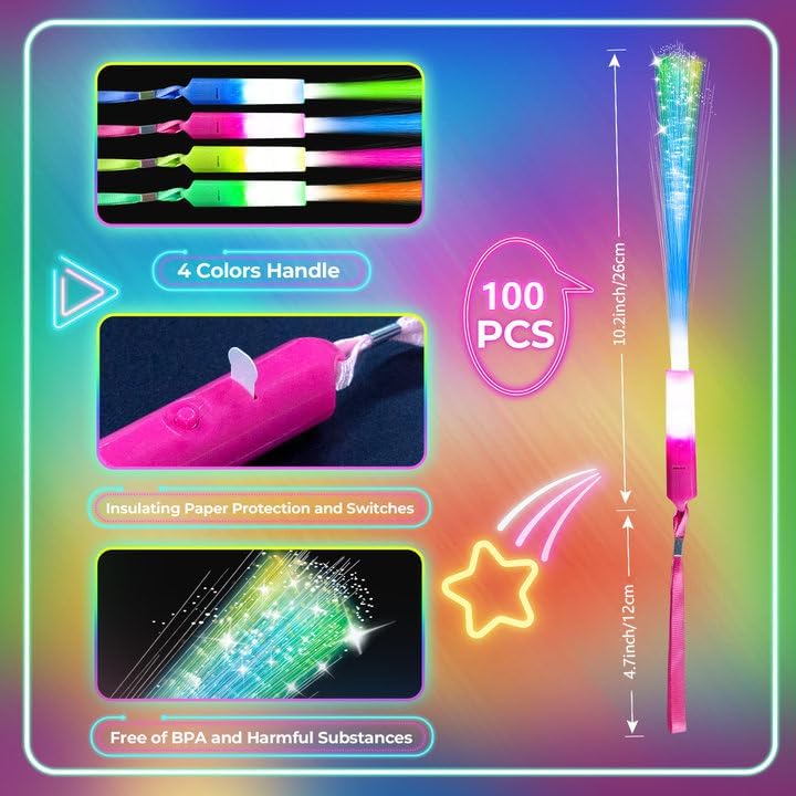 100 PCS Glow Fiber Wands Sticks,LED Light Wands,Glow in The Dark Party Supplies,Fiber Optic Wands,LED Flashing Sticks,Fiber Optic Light Wand Stick for Party,Wedding,New Year Party Favors