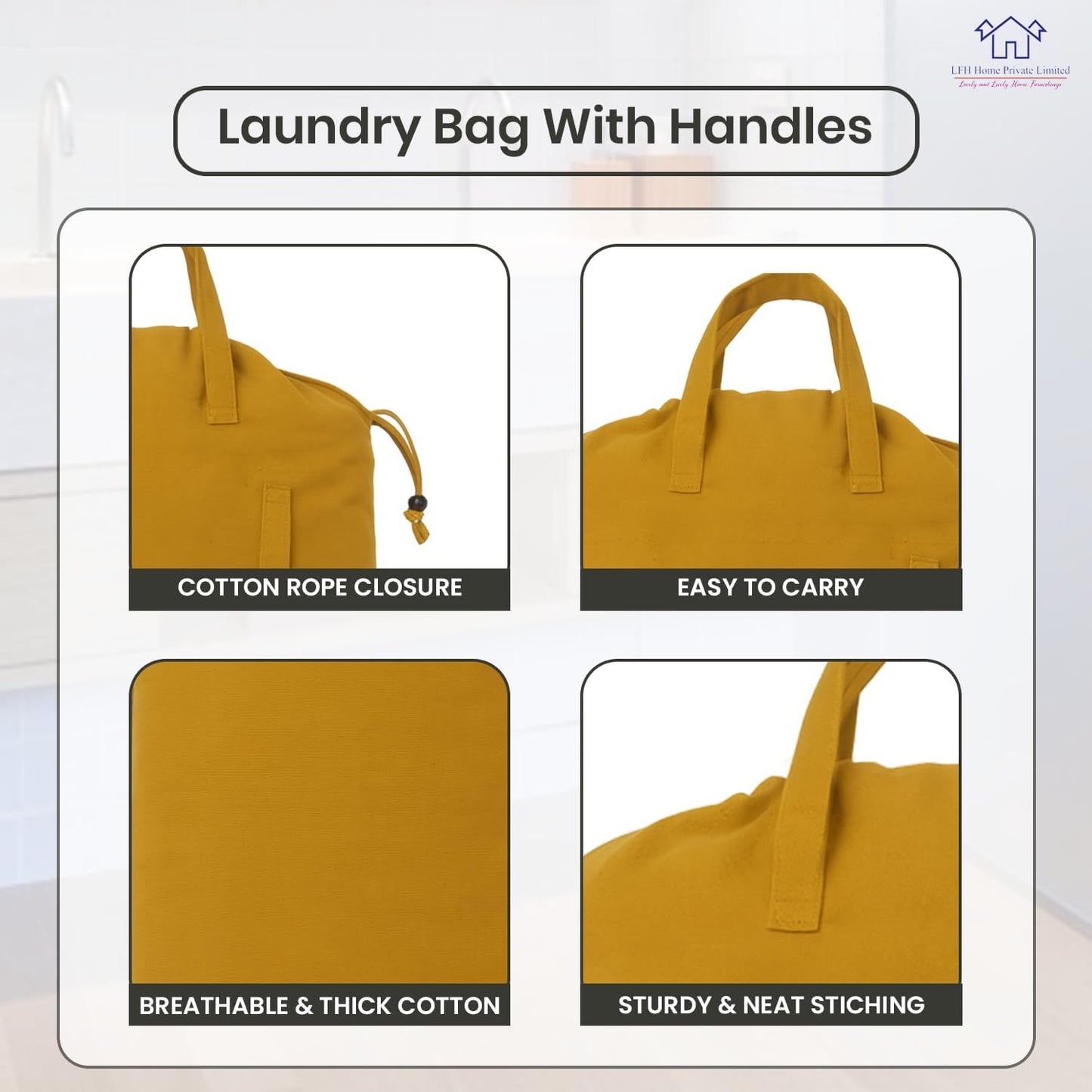 LFH Home Cotton Canvas Large Laundry Bag with Handle, Heavy Duty Drawstring Closure Washable Laundry Bags, School Travel, Home, Hotel, College Dorm, Organizer Sack, Toys Clothes 20x30-Yellow