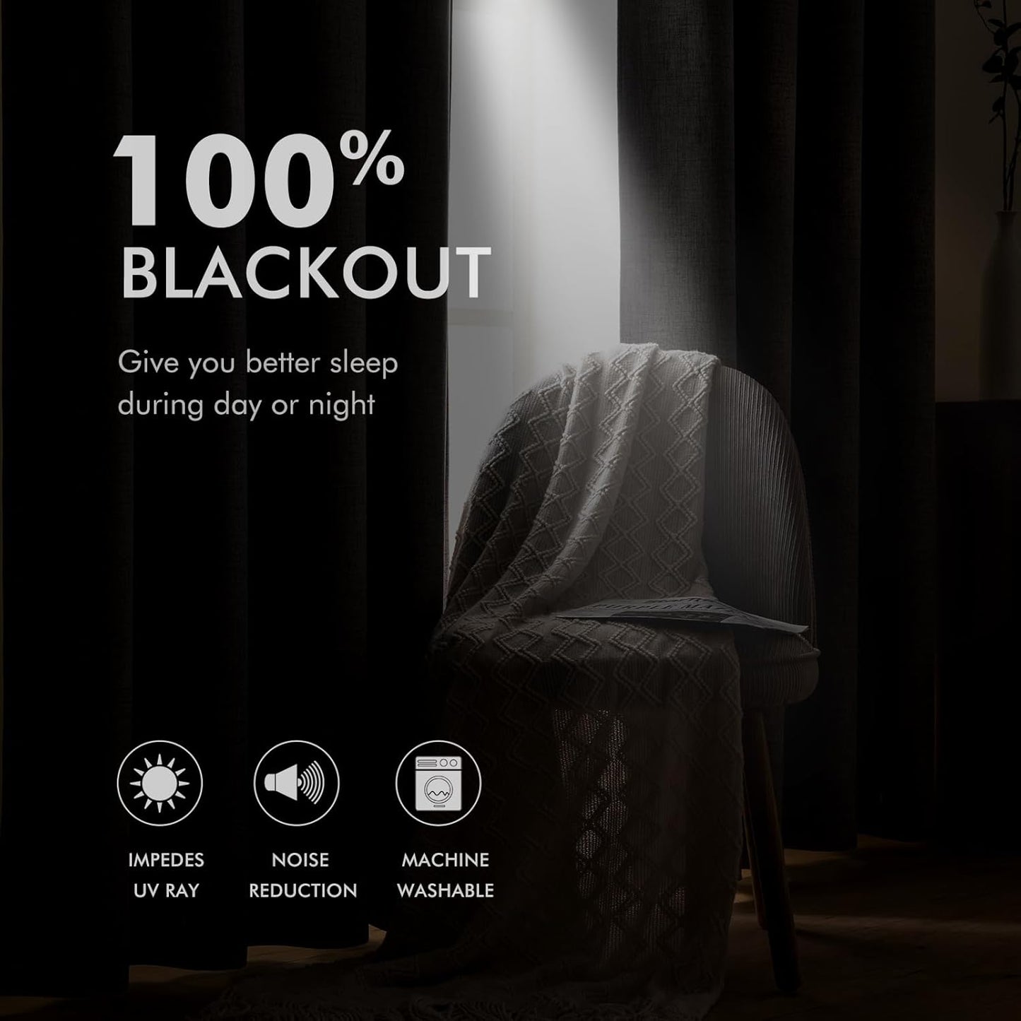 MIULEE Linen Texture Curtains for Bedroom Solid 100% Blackout Thermal Insulated Halloween Black Curtains Grommet Room Darkening Drapes for Living Room Nursery 52x84 Inch (2 Panels)