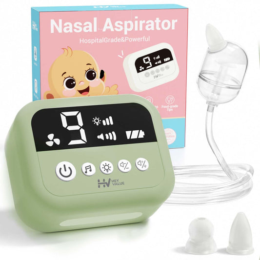 HEYVALUE Nasal Aspirator for Baby, Hospital Grade Nose Sucker with 9 Levels Suction, Night Light and Nursery Rhyme Soothing, Electric Nose Suction for Baby with Food-Grade Silicone Tips Green