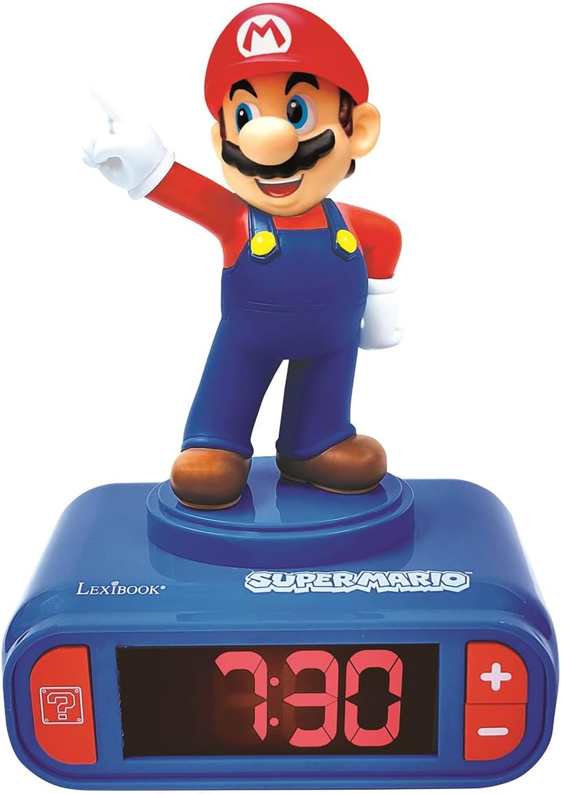 LEXiBOOK, Super Mario, Mario Nightlight Alarm Clock, Sounds and Melodies, LCD Backlit Screen, Luminous, Snooze, Red/Blue, RL800NI