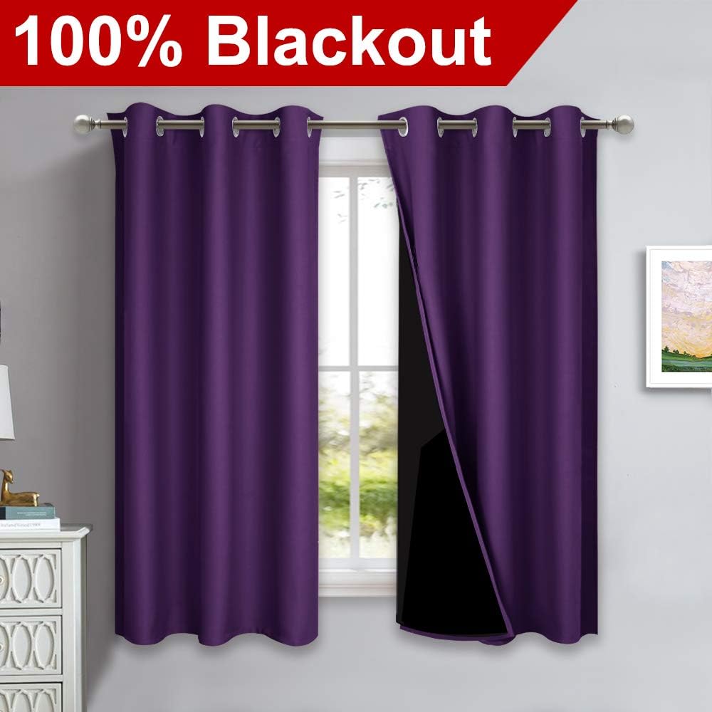 NICETOWN 100% Blackout Curtains with Black Liner Backing, Thermal Insulated Curtains for Living Room, Noise Reducing Drapes, Royal Purple, 37" Wide x 60" Long Per Panel, Set of 2 Panels