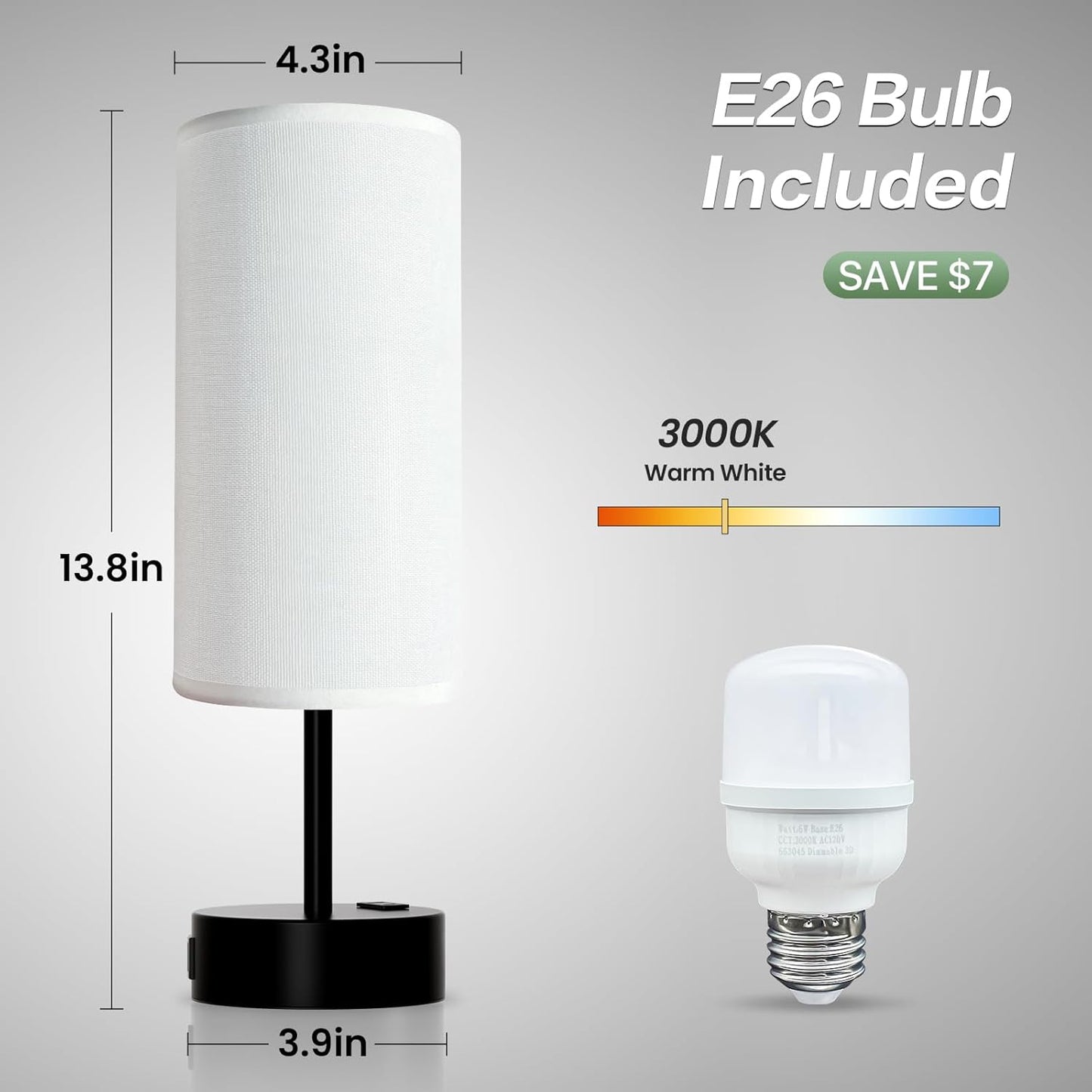 KPQ Small Bedside Lamp Touch Control Table Lamp with USB A+C Charging Ports & AC Outlet 3-Way Dimmable Nightstand Lamp with Linen Fabric Shade for Bedroom Living Room