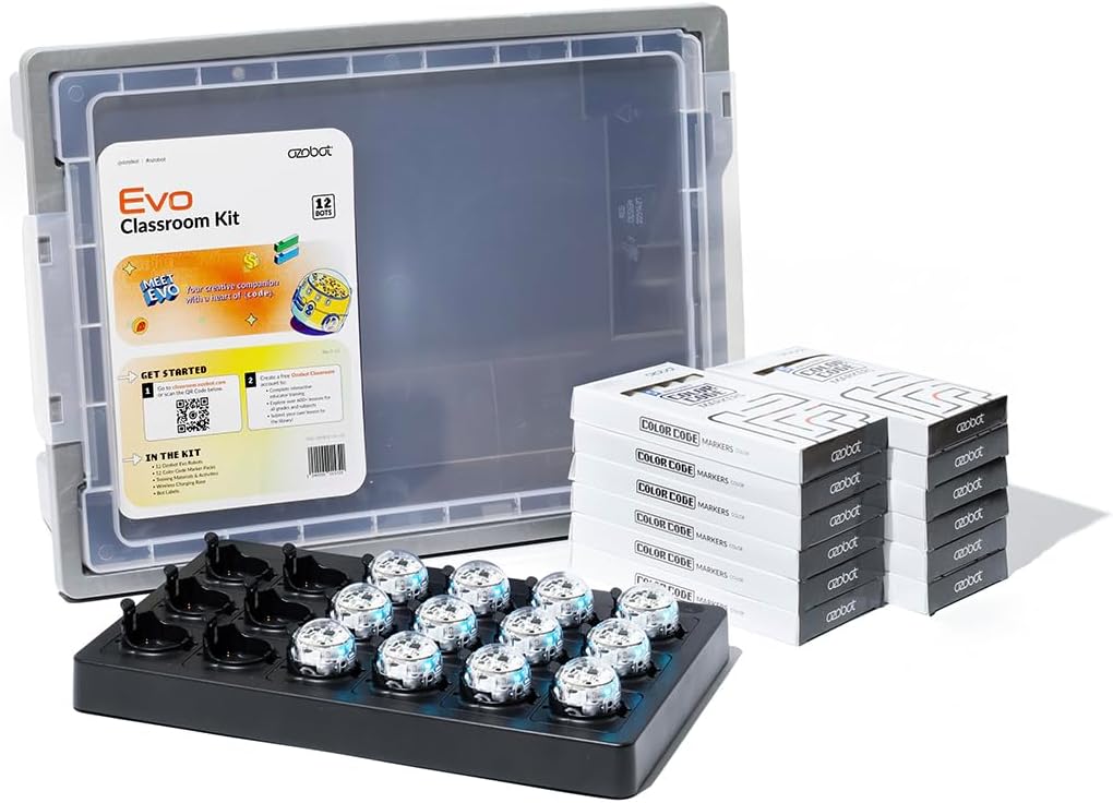 Evo Classroom Kit (12 Bots): Interactive Coding Robot, Kids Ages 5+, Includes 12 Evo Robots, Color Code Markers, Charging Cradle, Bot Stickers, Access to 700+ STEAM Lessons, Educators & Parents