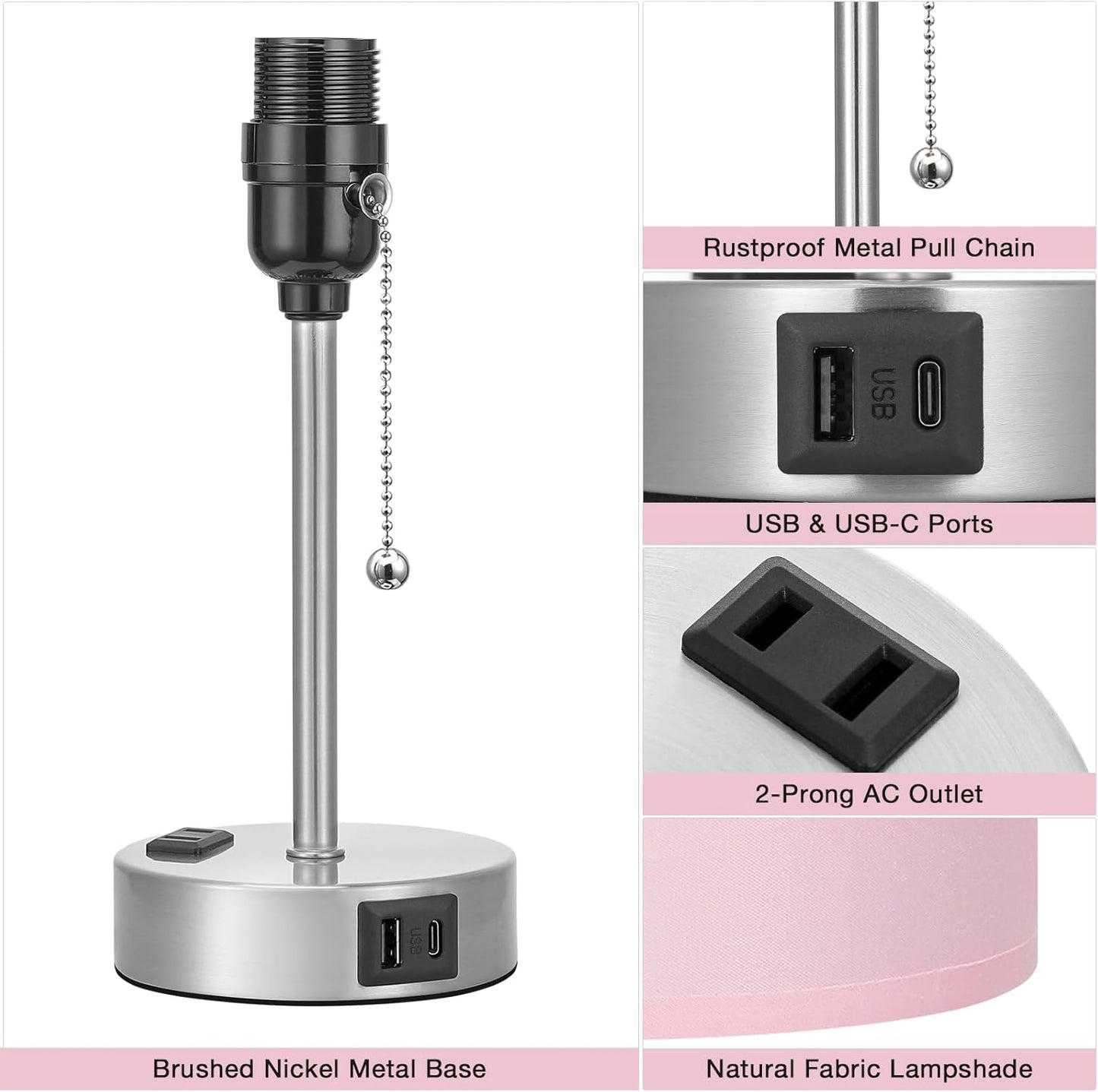 Pink Bedroom Lamp for Bedside - 3 Color Temperatures Desk Lamp with USB C and A Ports, Pull Chain Table Lamp with AC Outlet, Nightstand Lamp with Silver Metal Base for Kids Girls