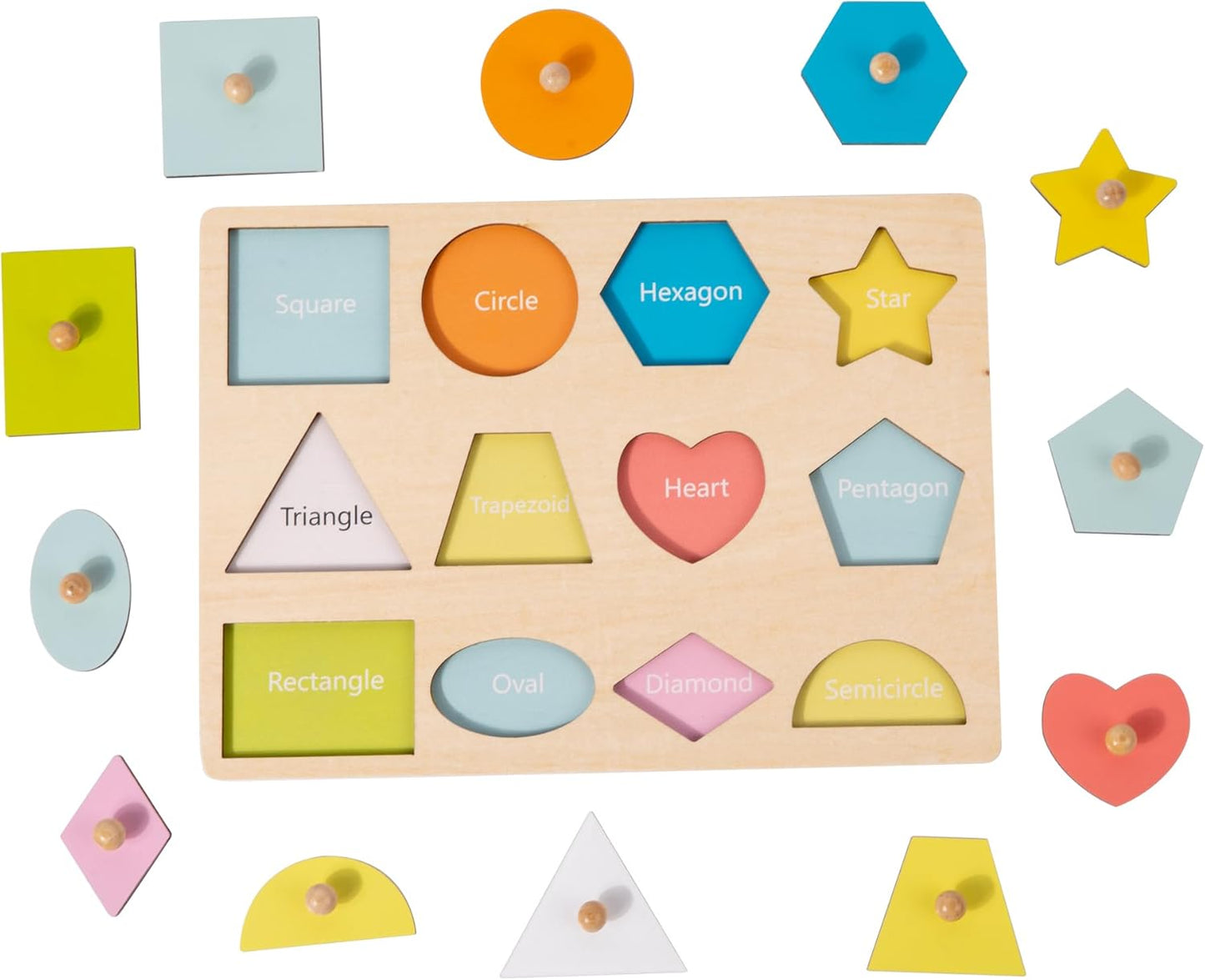 Adena Montessori Wooden Shape Peg 12 Piece of Colorful Shape Cognition Knob Puzzles Baby & Toddler Development Toy