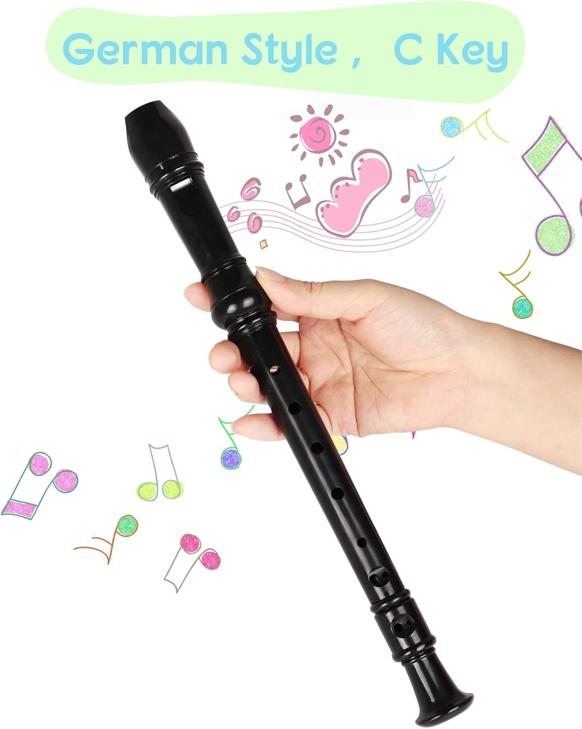 Mr.Power Soprano Recorder for Beginners School Students German Style C Key 8 Holes 3 Piece Instrument with Cleaning Rod, Thumb Rest, Fingering Chart, Packing Bag (Black)