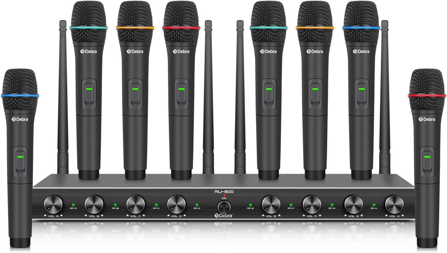 D Debra Audio AU800 Pro UHF 8 Channel Wireless Microphone System with Cordless Handheld Lavalier Headset Mics, Metal Receiver, Ideal for Karaoke Church Party (8 Handheld)