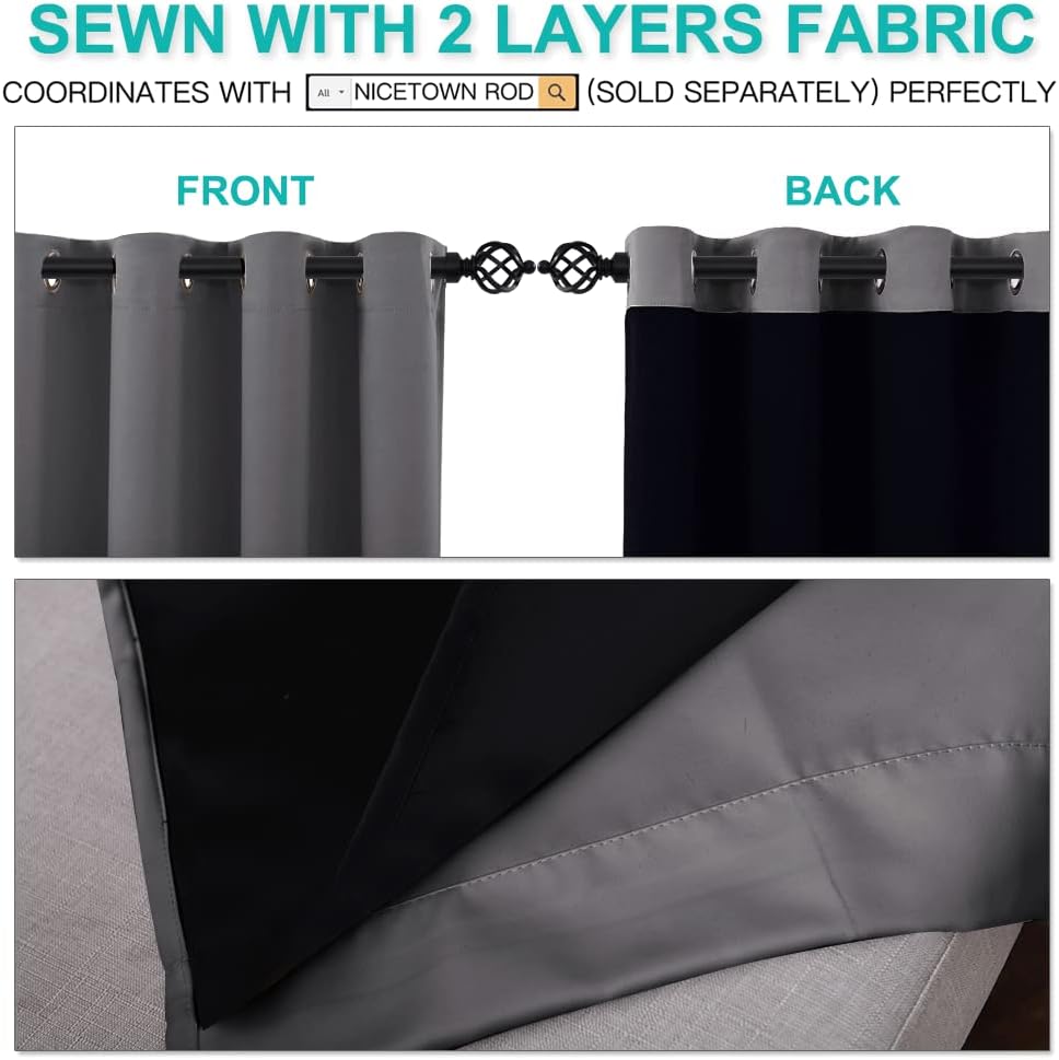 NICETOWN Total Shade Curtains and Draperies, Heavy-Duty Full Light Shading Drapes with Black Liner Backing for Villa/Hall/Dorm Window（Gray, Package of 2 Panels, 70 inches Wide x 95 inches Long