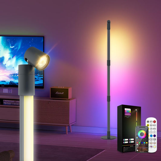 RGB+IC Floor Lamp, Smart LED Corner Lamp with Music Sync and 16 Million DIY Colors, App & Remote Control, 360° Rotating Standing Floor Lamp with Spotlight for Bedroom Living Room