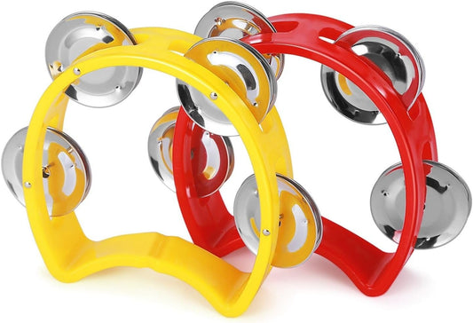 Flexzion Tambourine Hand Bell Percussion Musical Instruments Set of 2 Pack (Red /Yellow), Plastic Music Instrument Half Moon Mini D Handheld Shaker with 4 Pairs Jingle Bells