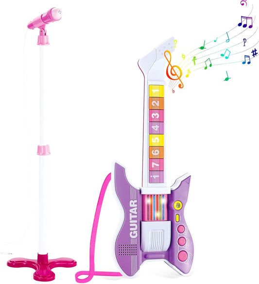 deAO Kids Guitar and Microphone Set with Stand Adjustable Height Music Light Karaoke Music Toys Christmas Birthday Gift for Kids Boys Girls (Purple)