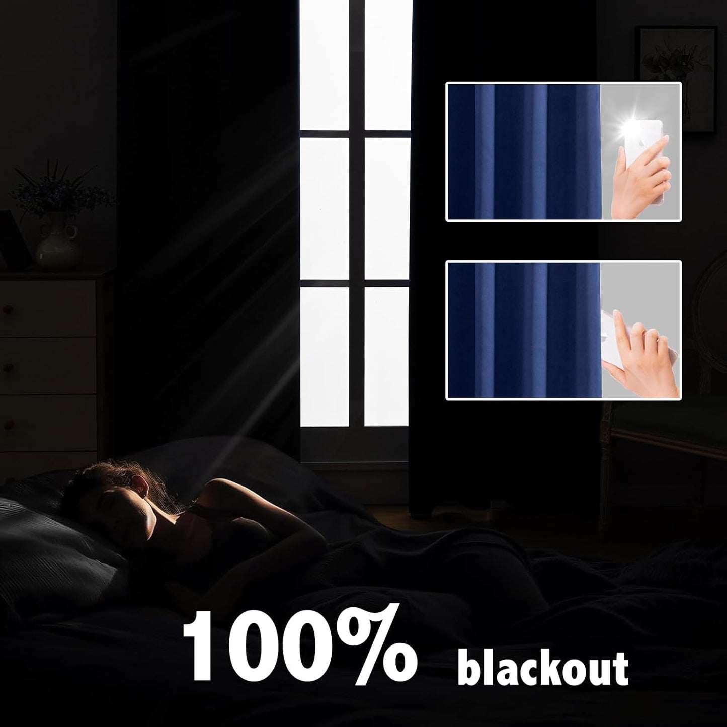 Anytime 100% Blackout Curtain Set, Thermal Insulated & Energy Efficiency Window Draperies for Guest Room, Full Shading Panels for Shift Worker and Light Sleepers（Navy Blue, 2 Panels, 52W x 120L）