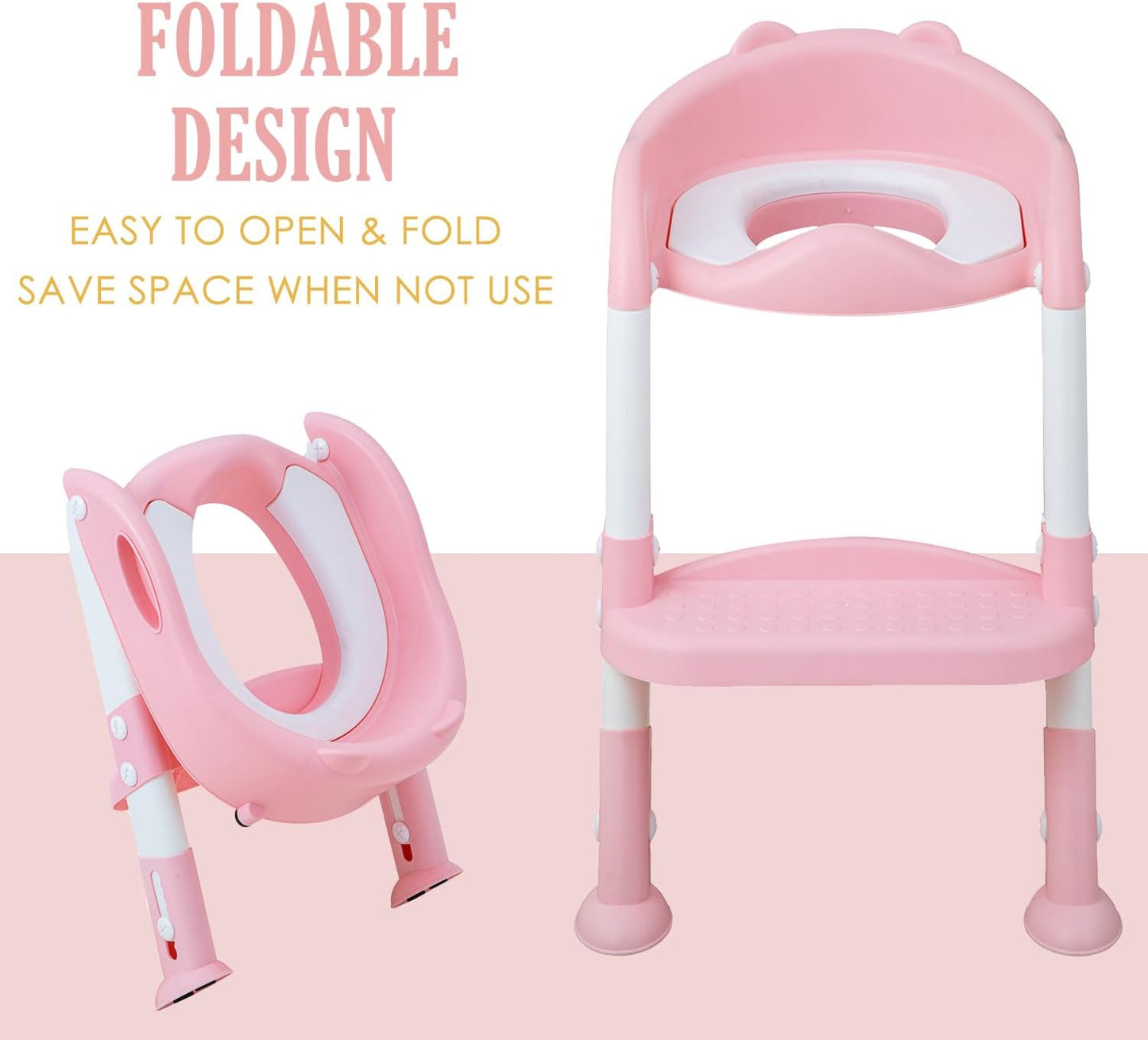 Potty Training Toilet Chair Seat with Step Stool Ladder for Kids and Toddler Boys Girls - Foldable Height Adjustable Children Toilet Training Seat with Safe Handles & Anti-Slip Pads, White-Pink