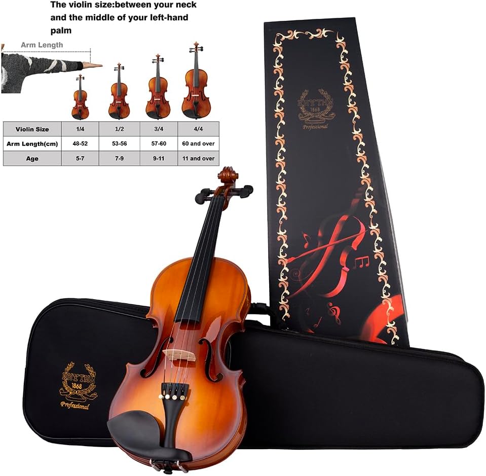 Rhythm Violin Set for Beginners,Acoustic Violins Starter Kit Package for Student,Beginners Fiddle with Hard Case, Rosin, Shoulder Rest, Bow, and Extra Strings (NATURAL, Full)