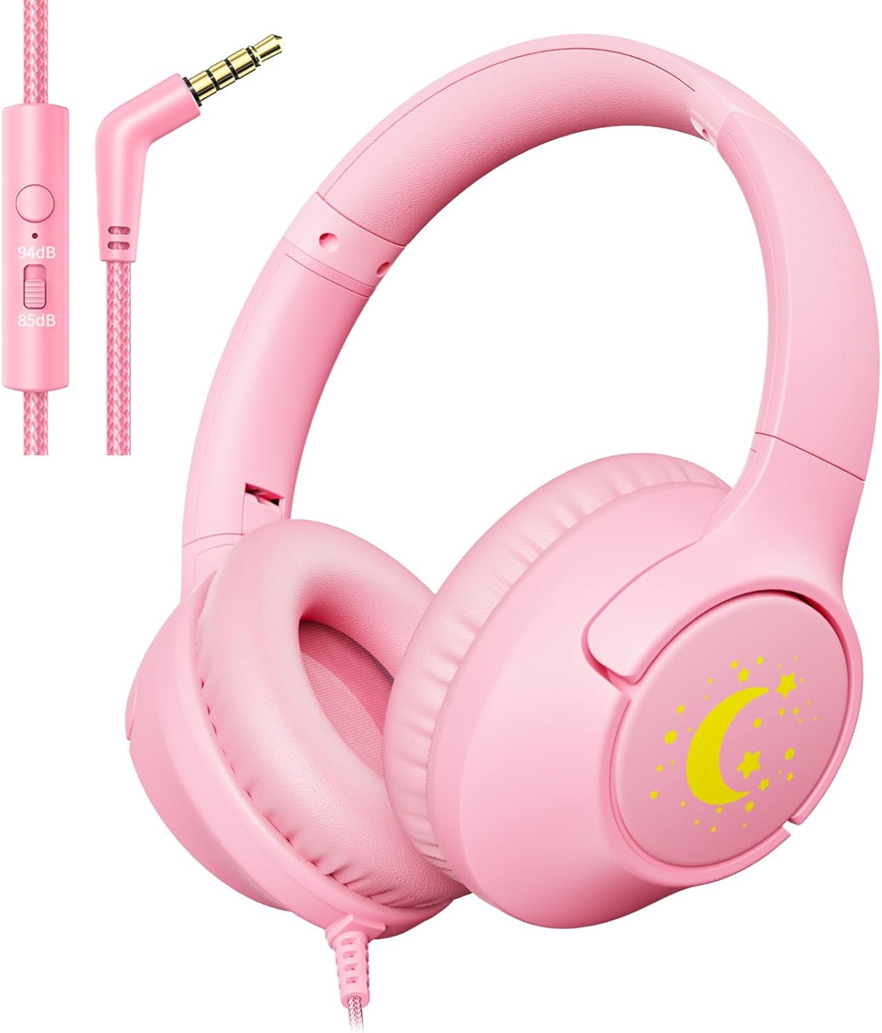 Kids Headphones with Microphone for School, 85/94 dB Volume Limit, Wired Over Ear Girls Headphones for Kids with Stereo Sound 3.5mm Wired Cord for Kindle Tablet Airplane Travel, Pink