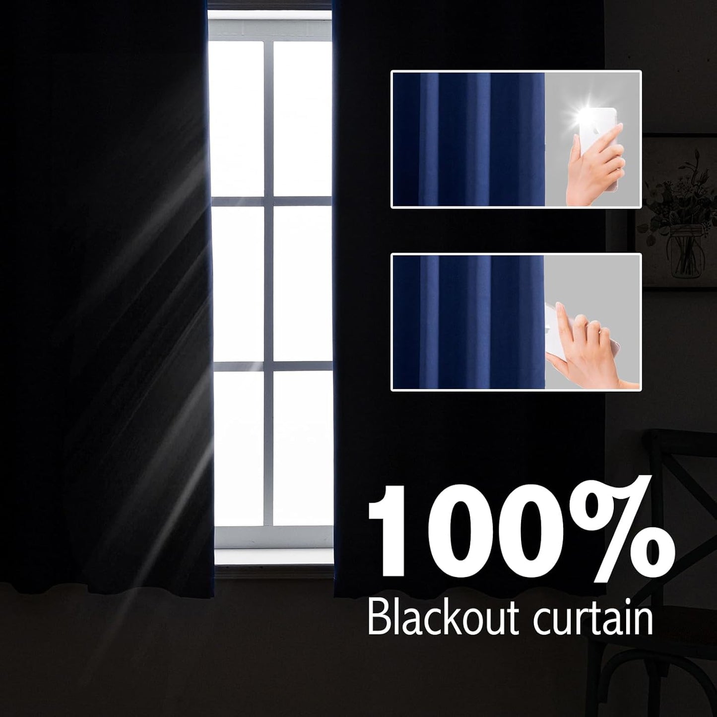 Anytime 100% Blackout Curtain Set, Thermal Insulated & Energy Efficiency Window Draperies for Guest Room, Full Shading Panels for Shift Worker and Light Sleepers（Navy Blue, 2 Panels, 52W x 45L）