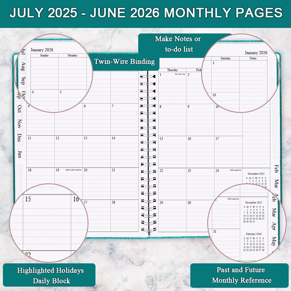 Planner 2025-2026 - Weekly & Monthly Planner Runs from Jul 2025 to Jun 2026, 8.5 x 11", 12 Month Tabs, Inner Pocket, PU Leather Cover with Twin-Wire Binding, Monthly Planners 2025-2026, Teal