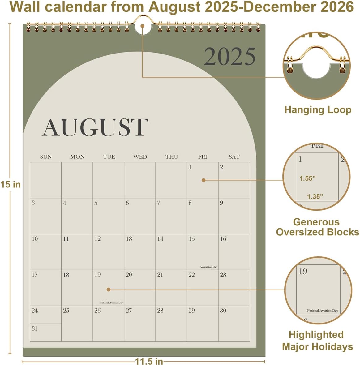 Calendar 2025-2026 - 17 Months Wall Calendar from August 2025 - December 2026, 2025-2026 Wall Hanging Calendar Planner with Thick Paper, 12" x 14.5", Cyan