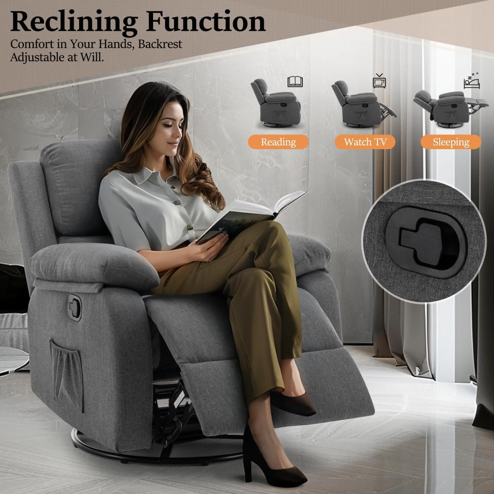 Recliner Chair, 360 Swivel Rocker Chair for Adults, Small Rocking Recliner for Small Spaces, Upholstered Fabric Glider Recliner Nursery Chair with Side Pockets for Living Room, Nursery