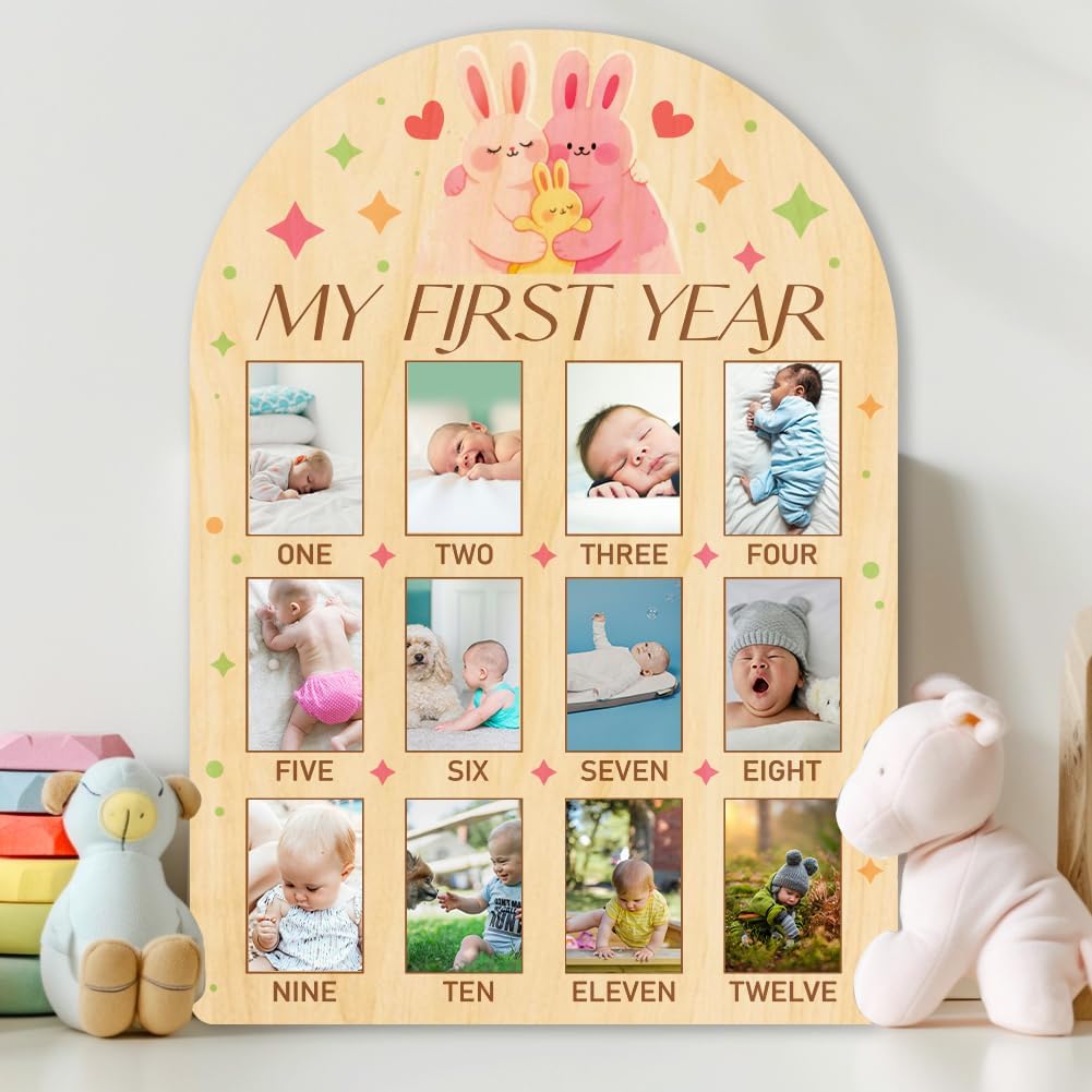 ORIGACH My First Year Baby Growth Photo Display Wood Board - 12 Months Newborn Milestones Photo Board - Neutral Baby Keepsake Frame 1st Birthday Party Nursery Decor New Mom Gift - Rabbit