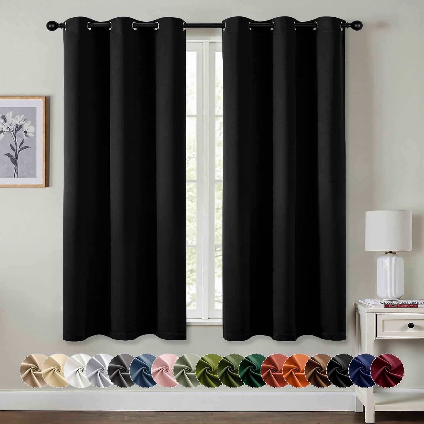 MIULEE Black Blackout Curtains for Bedroom Living Room 64 Inches Long 2 Panels, Thermal Insulated Room Darkening Drapes Solid Grommet Top Noise Reduction Light Blocking Window Treatments 40x64 Inch