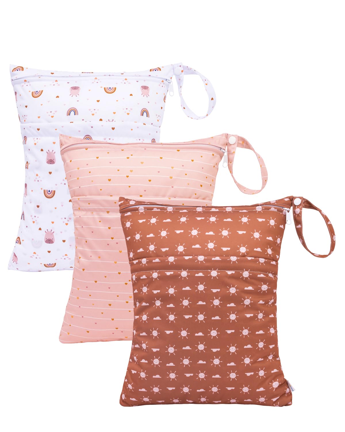 babygoal Wet Dry Bags for Baby Cloth Diapers, Washable Travel Bags, Beach, Pool, Gym Bag for Swimsuits & Wet Clothes with Two Zippered Pockets 3 Pack, 3LN16