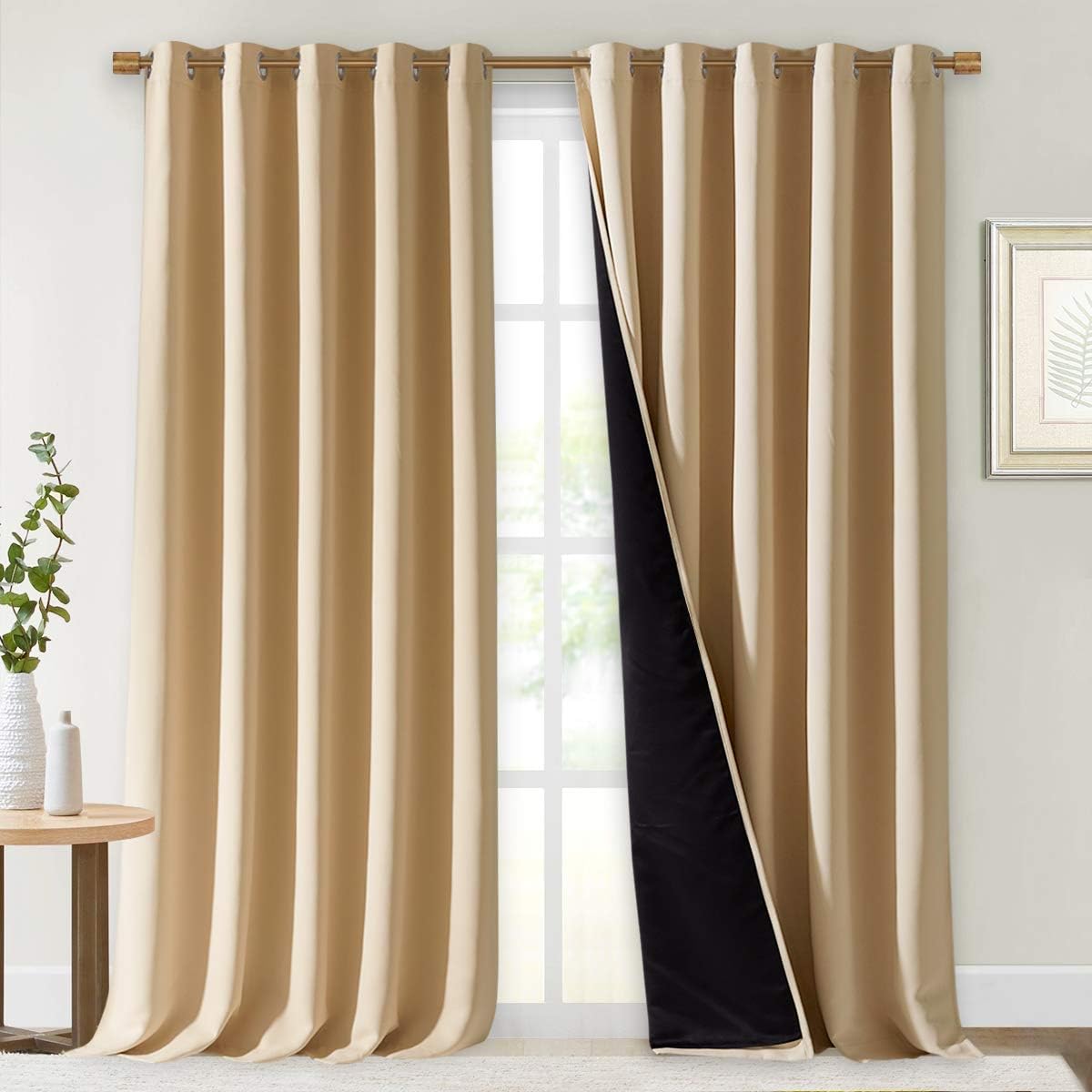 NICETOWN Thermal Insulated 100% Blackout Curtains, Cold Noise Reducing Performance Drapes with Black Lining, Full Light Blocking Panels for Patio (Biscotti Beige, 1 Pair, 70 inches x 95 inches)