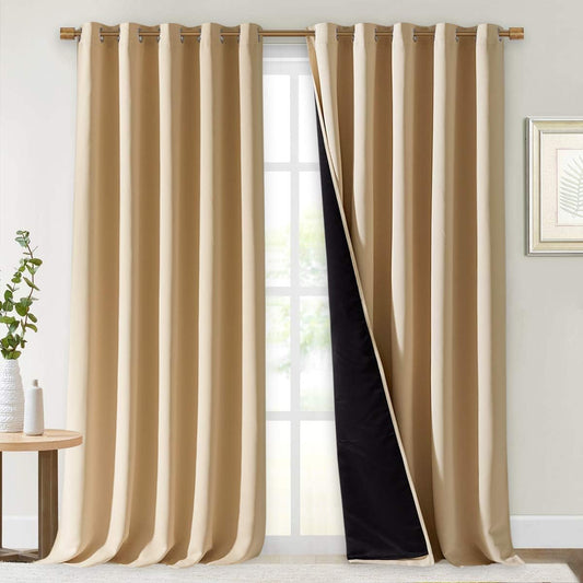 NICETOWN Thermal Insulated 100% Blackout Curtains, Cold Noise Reducing Performance Drapes with Black Lining, Full Light Blocking Panels for Patio (Biscotti Beige, 1 Pair, 70 inches x 95 inches)