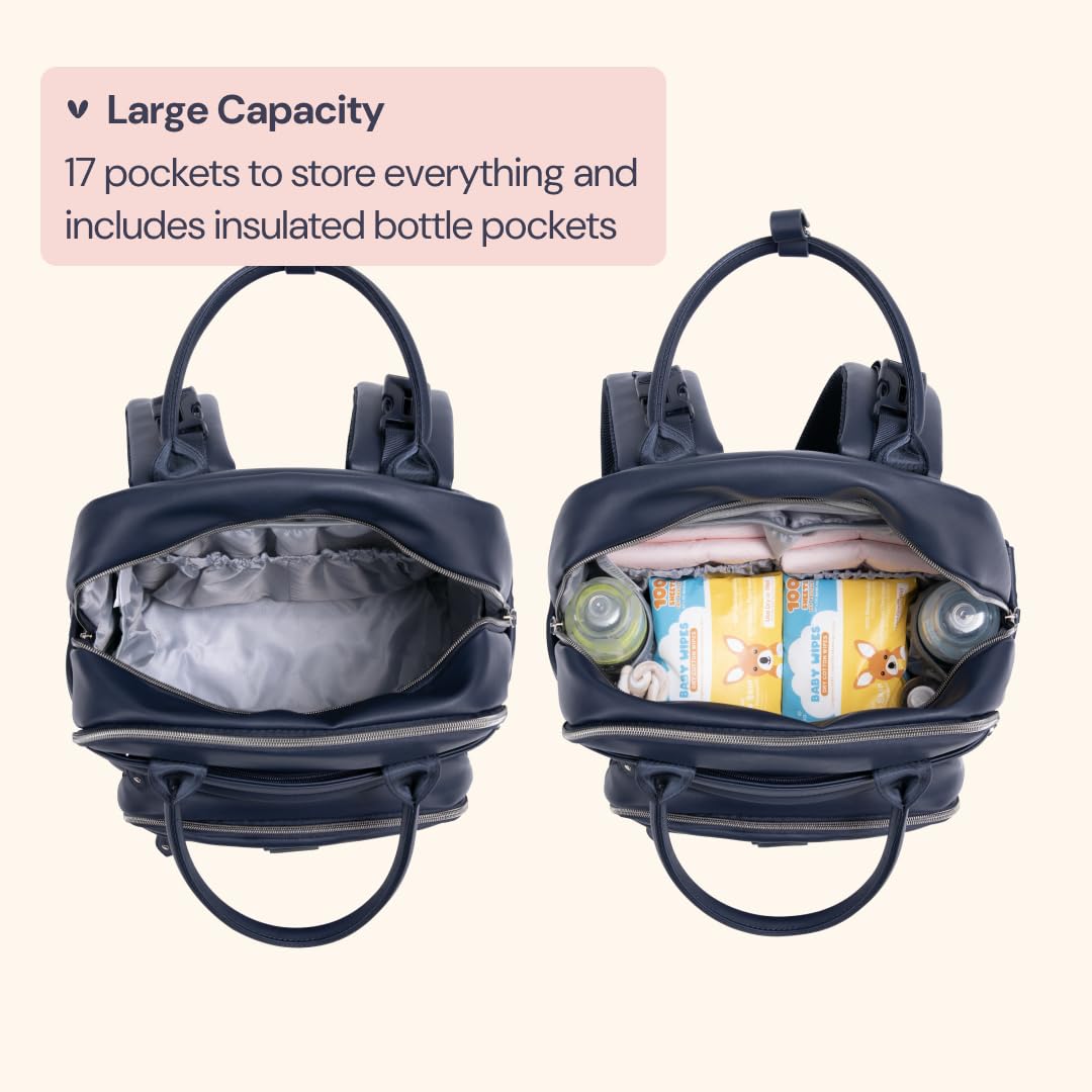 BabbleRoo Leather Diaper Bag Backpack - Baby Essentials Travel Baby Bag, Multi function, with Changing Pad, Stroller Straps & Pacifier Case – Unisex, Midnight Blue