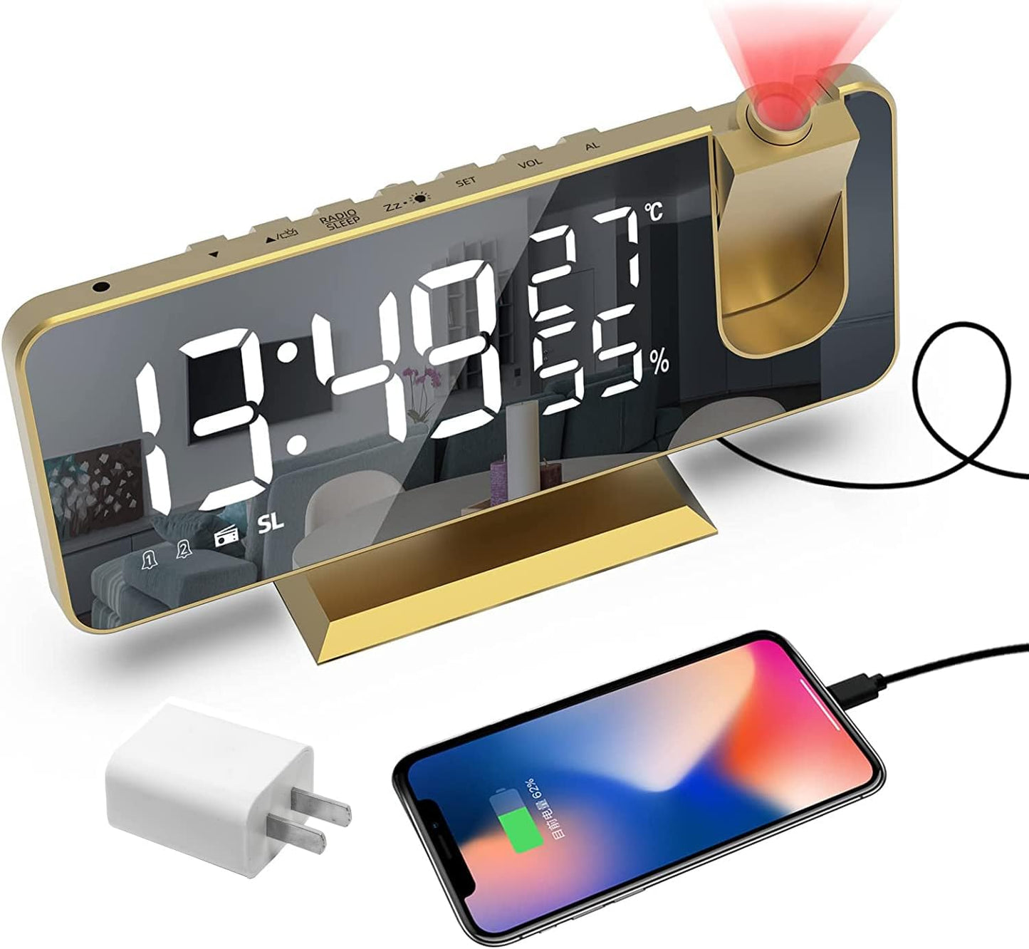 Projection Digital Alarm Clock for Bedrooms, Alarm Clock Radio on Ceiling, USB Charger Port, Temperature & Humidity Display, 7.3” Large Mirror LED Display,12/24H,Snooze,Dual Loud Clock- 4 Dimmer