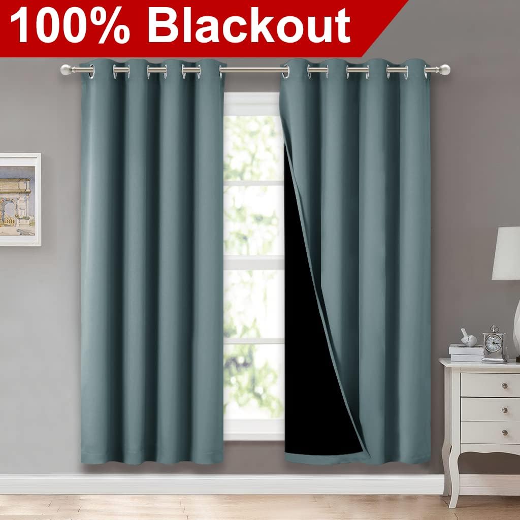 NICETOWN 100% Blackout Window Curtain Panels, Full Light Blocking Drapes with Black Liner for Nursery, 72-inch Drop Thermal Insulated Draperies (Aqua, 2 Pieces, 52-inch Wide Per Panel)