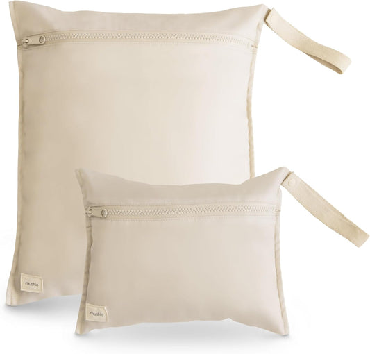 mushie Water Resistant Wet Bags | Large & Small Reusable Storage Bag for Baby Items and Travel | Zippered Pockets with Handle | Machine Washable, Set of 2 (Fog)