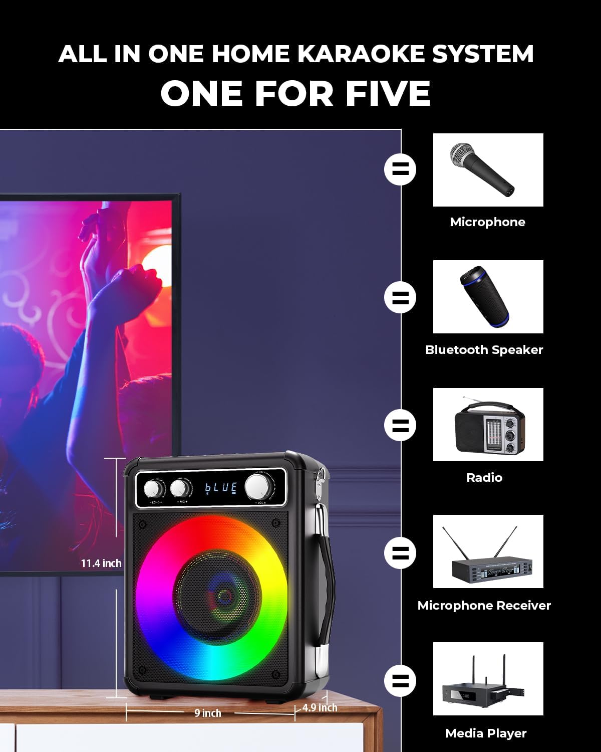 Karaoke Machine, Portable Bluetooth Karaoke Speaker with 2 Wireless Microphones, PA System for Adults Kids with LED Lights, Supports FM/AUX/USB/TF for Home Party